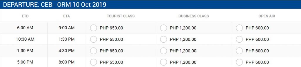 OceanJet Cebu to Ormoc Ferry Schedule October 2019