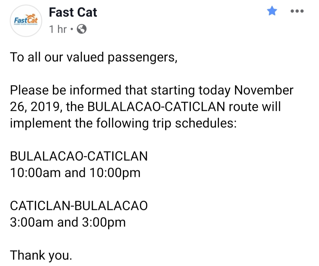 FastCat Bulalacao-Caticlan Ferry Schedule