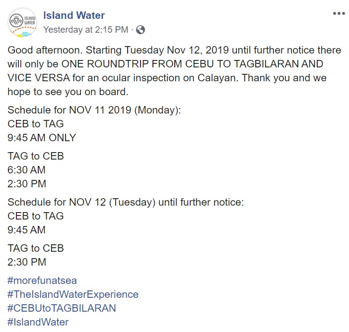 Island Water Cebu-Tagbilaran New Ferry Schedule