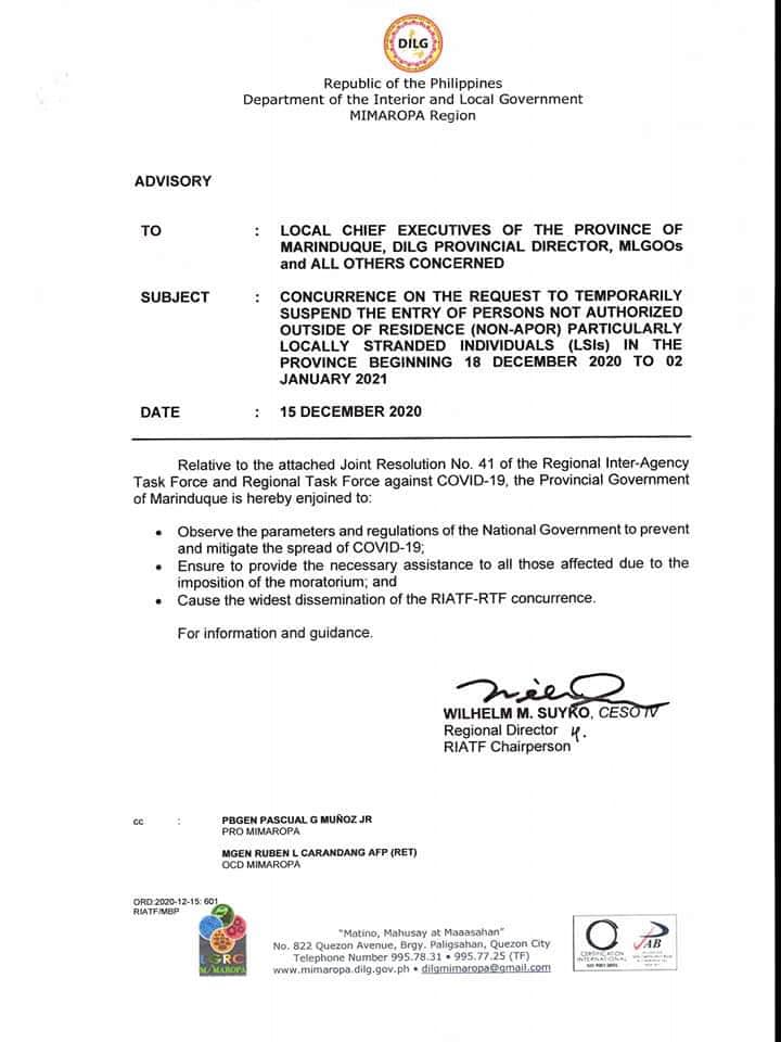 Marinduque Province Suspends Entry To Non Apor Starting Dec 18