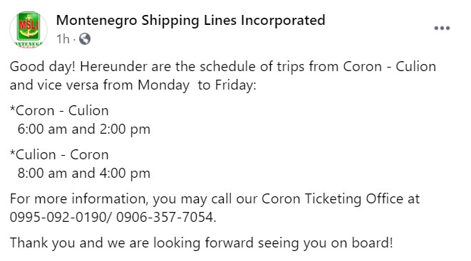 Montenegro Lines Coron-Culion Schedule