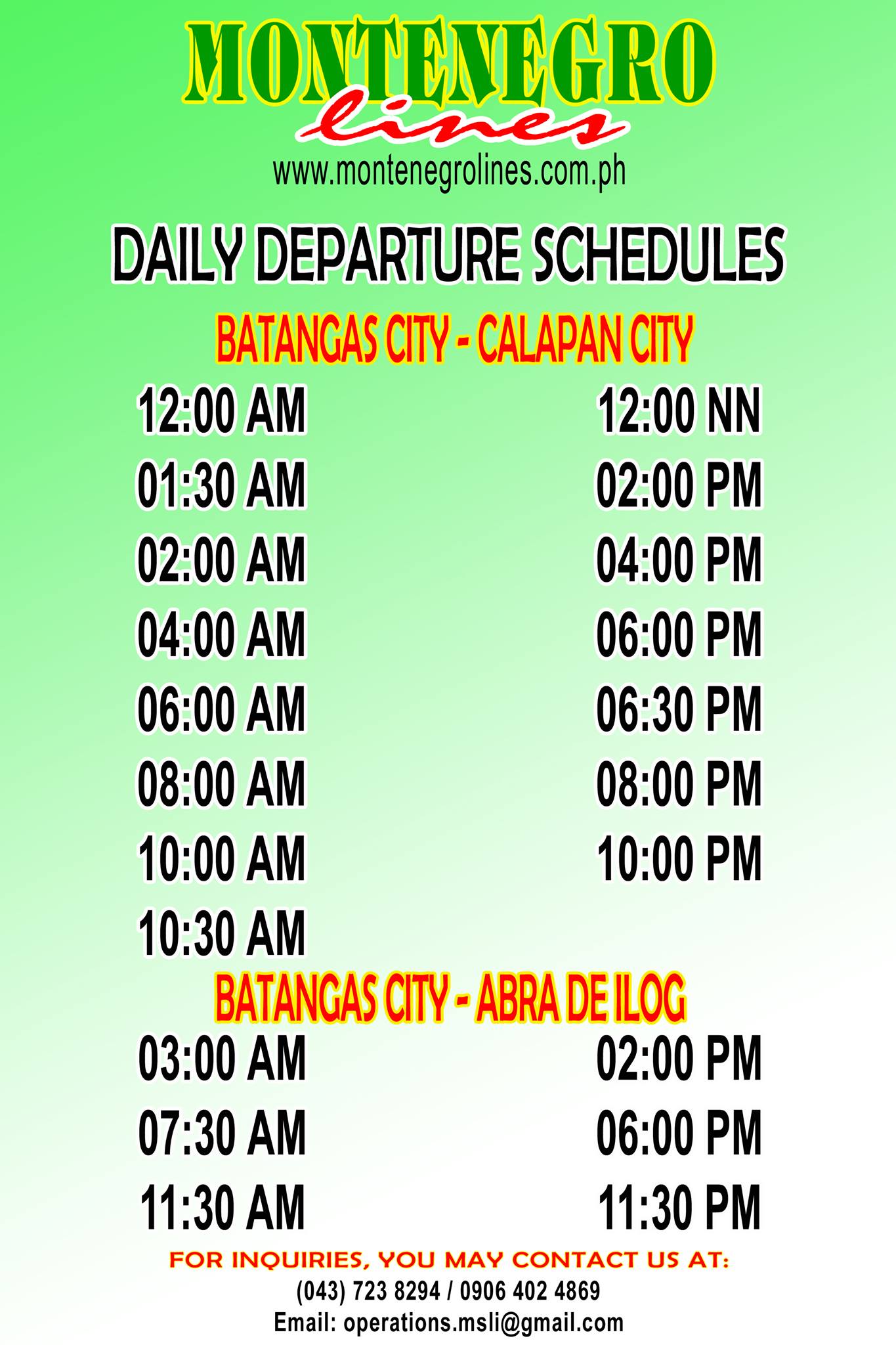 Montenegro Lines Batangas-Abra de Ilog Ferry Schedules