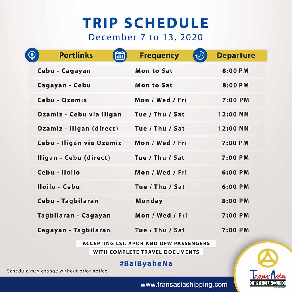 Cebu to Cagayan de Oro and v.v.: Trans-Asia Schedule & Fares