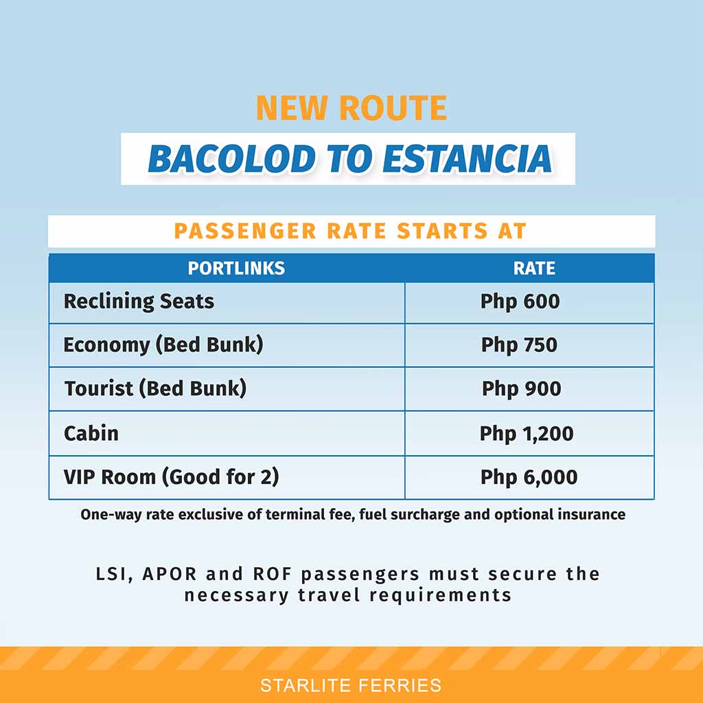 Bacolod To Estancia Iloilo Starlite Ferries Schedule Fare Cargo Rates